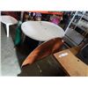 Image 1 : White plastic patio table and half moon wood table