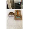 Image 1 : 2 WOOD HAND PAINTED ELEPHANTS, WOOD CARVING, PEN HOLDER, AND ORIENTAL WALL HANGING