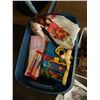 Image 2 : SHELF LOT OF ESTATE GOODS, TOTE OF KIDS TOYS, NEW SERVING DISHES, VINTAGE TIN, DECOR