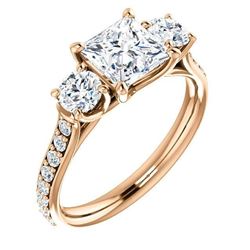 Natural 2.02 CTW 3-Stone princess Cut & Rounds Diamond Ring 18KT Rose Gold