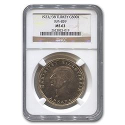 1923/38 Turkey Gold 500 Kurush MS-63 NGC