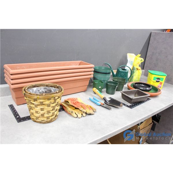 Planters, Tools, Water Can, Gloves, etc