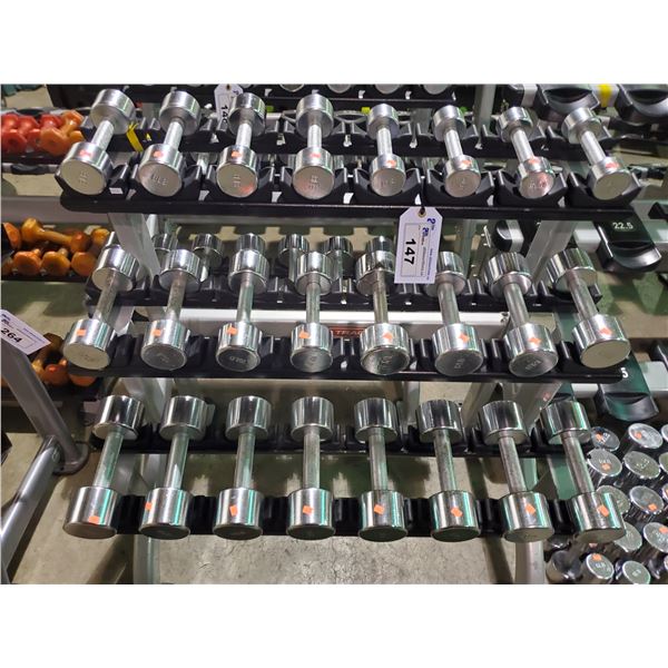 GREY STAR TRAC 3 TIER COMMERCIAL WEIGHT RACK WITH 24 ASSORTED SILVER METAL WEIGHTS