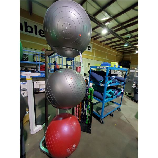 GREY METAL 3 TIER COMMERCIAL EXERCISE BALL RACK WITH EXERCISE BALLS