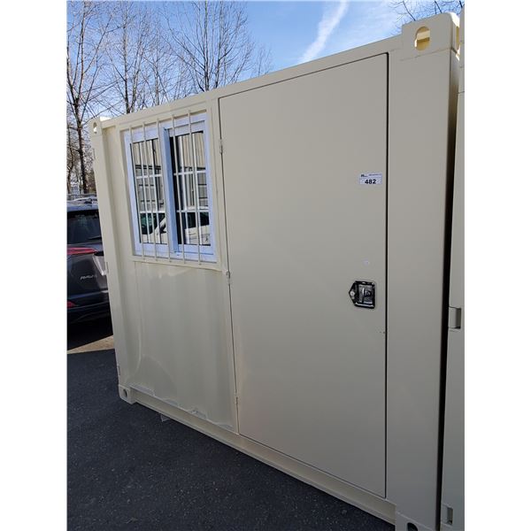 NEW 86 H X 77 W X 97 3/4 L BEIGE COMMERCIAL OFFICE SHIPPING CONTAINER WITH SIDE MAN DOOR,