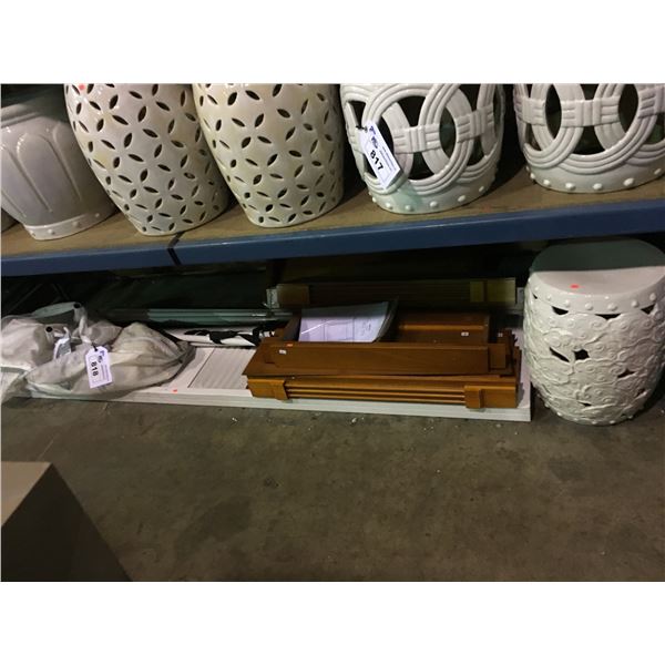 SHELF OF ASSORTED HOME IMPROVEMENT PARTS INCLUDING MANTLE PARTS AND CERAMIC GARDEN STOOL