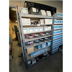 2 GREY METAL ADJUSTABLE PARTS SHELVING WITH STARTERS, CALIPERS & ASSORTED AUTOMOTIVE PARTS