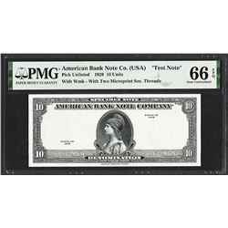 1929 10 Unit American Bank Note Co. "Test Note" PMG Gem Uncirculated 66EPQ