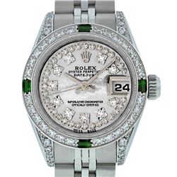 Rolex Ladies Stainless Steel MOP Diamond & Emerald Datejust Watch