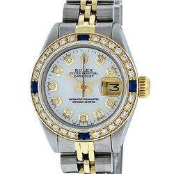 Rolex Ladies Two Tone MOP Diamond & Sapphire Oyster Perpetual Datejust Watch