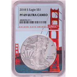 2018-S $1 Proof American Silver Eagle Coin NGC PF69 Ultra Cameo Bridge Core