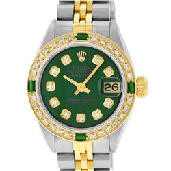 Rolex Ladies Two Tone Green Diamond & Emerald Oyster Perpetual Datejust Watch