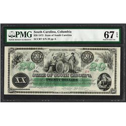1872 $20 State of South Carolina Revenue Bond Obsolete Note PMG Superb Gem Unc. 67EPQ