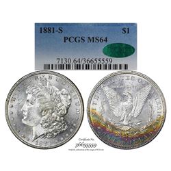 1881-S $1 Morgan Silver Dollar Coin PCGS MS64 CAC Amazing Toning
