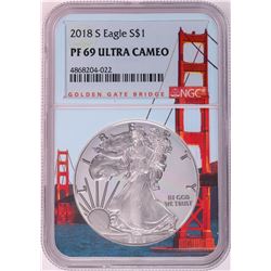 2018-S $1 Proof American Silver Eagle Coin NGC PF69 Ultra Cameo Bridge Core