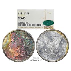 1881-S $1 Morgan Silver Dollar Coin NGC MS63 CAC Amazing Toning
