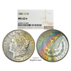 1881-S $1 Morgan Silver Dollar Coin NGC MS62* Star Amazing Toning