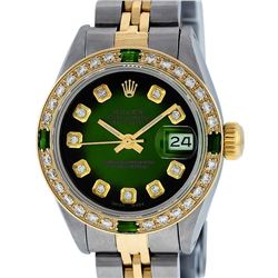 Rolex Ladies Two Tone Green Vignette Diamond Oyster Perpetual Datejust Watch