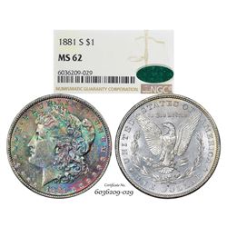 1881-S $1 Morgan Silver Dollar Coin NGC MS62 CAC Amazing Toning