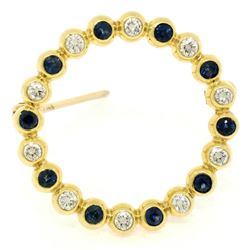 18k Yellow Gold .70 ctw Bezel Round Sapphire & Diamond Circle of Life Pin Brooch