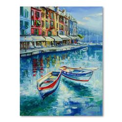 Vadik Suljakov, "Boats of Portofino" Original Oil Painting on Canvas, Hand Signe
