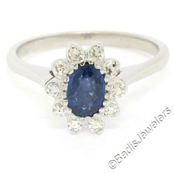 Vintage 18K White Gold Petite 1.02 ctw Sapphire Solitaire & Diamond Halo Ring