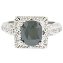 14k White Gold 2.10 ctw Cushion Black & Pavï¿½ Round White Diamond Solitaire Eng