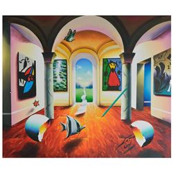Ferjo, "Surrealistic Interior" Original Painting on Canvas, Hand Signed with Let