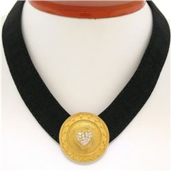 Stylish JAHAN 18K Gold Black Leather .50 ctw Diamond Heart Round Shield Necklace