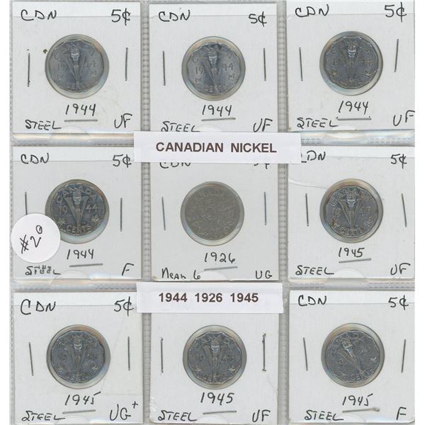Sheet Of 9 CDN 5 Cents 1926, 1945 Steel, 1944 Steel