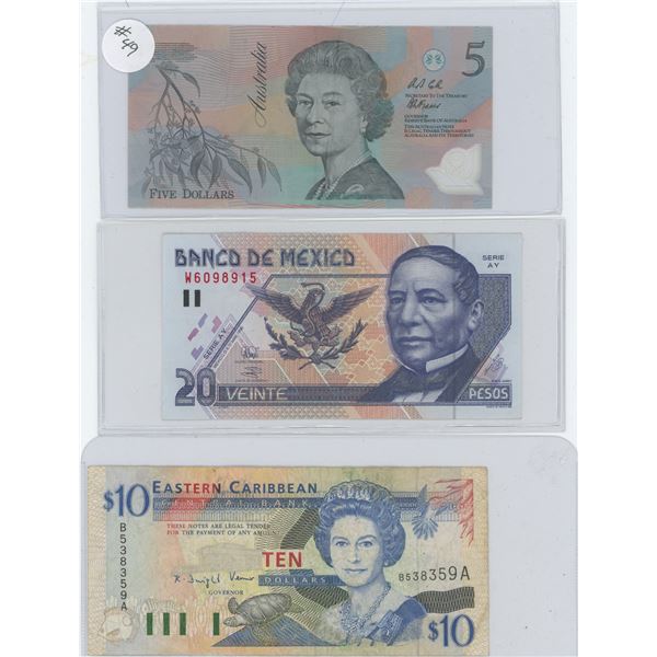 Caribbean $10 Note, Mexico 20 Pesos, Australia $5 Note