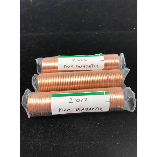 3 Rolls 2012 Pennies 1 Magnetic, 2 Non Magnetic UNC