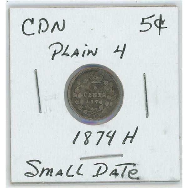 1874 H CDN 5 Cent Small Date