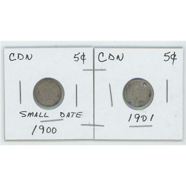 Set Of 2 CDN 5 Cent 1900 Small Date, 1901