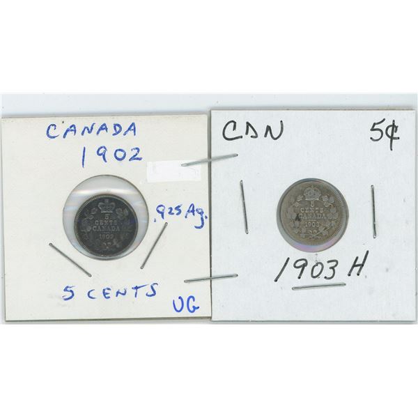 Set Of 2 CDN 5 Cent 1902, 1903 H
