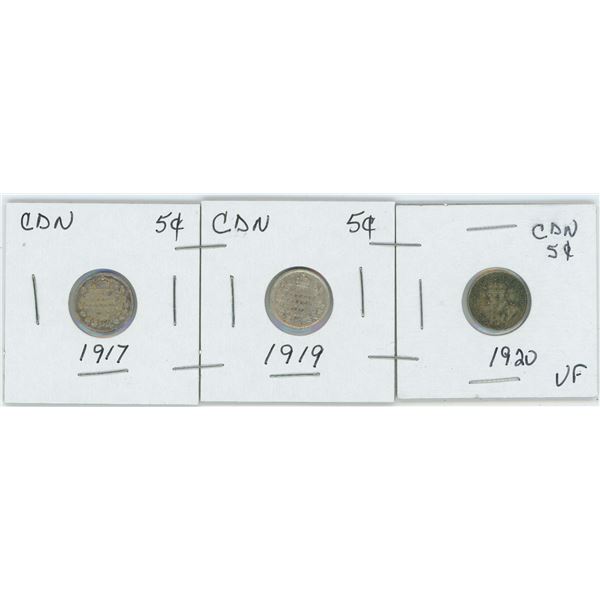 Set Of 3 CDN 5 Cent 1917, 1919, 1920