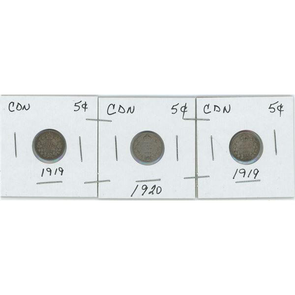 Set Of 3 CDN 5 Cent 1919, 1919, 1920