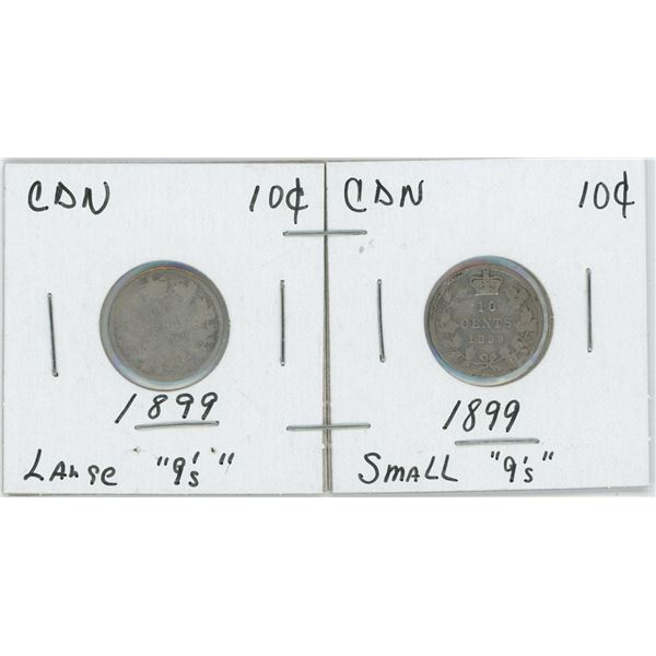 Set Of 2 CDN 10 Cents 1899 Large 9's, Small 9's
