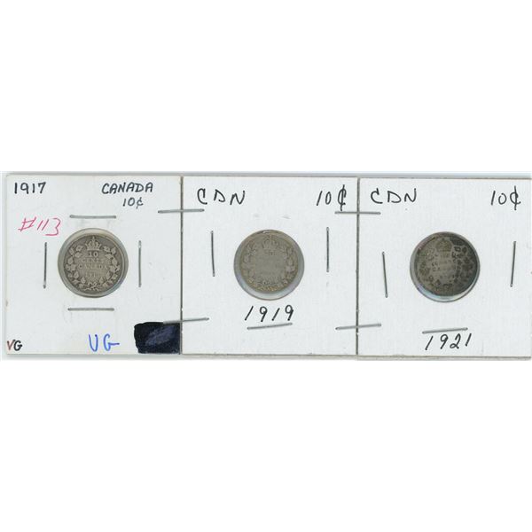 Set Of 3 CDN 10 Cents 1917,1919,1921