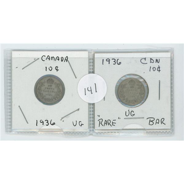 Set Of 2 Silver Dimes 1936, 1936 "BAR"- RARE