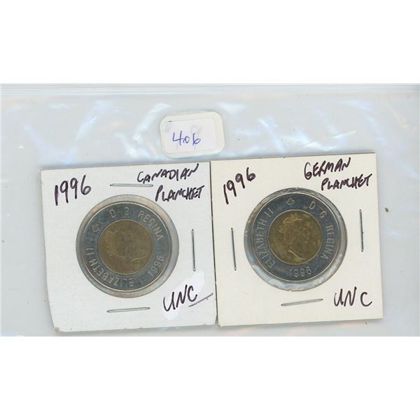 1996 German Planchet- 1996 Canadian Planchet Unc Canadian Toonies
