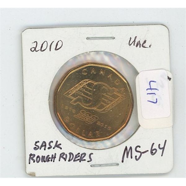 2010 Sask Rough Riders MS-64 Canadian loonie - Beautiful Coin