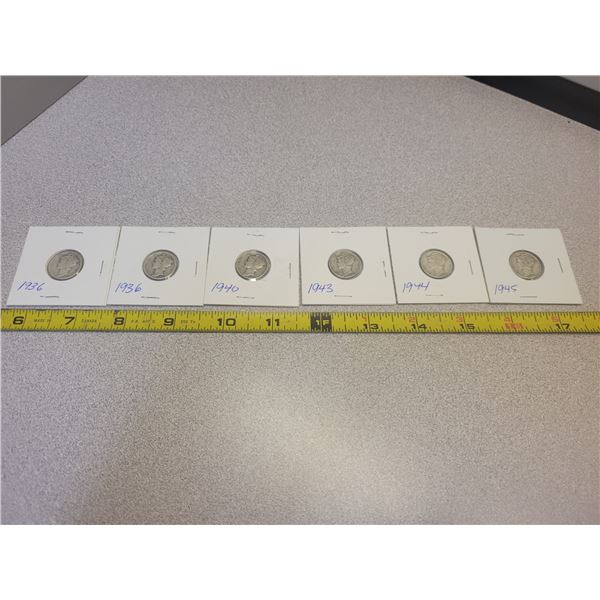 six US mercury head 10¢ (2 - 1936, 1940, 1943, 1944, 1945)