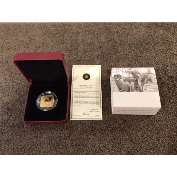 2011 $3 square sterling silver, gold plated coin, Black-Footed Ferret, RCM