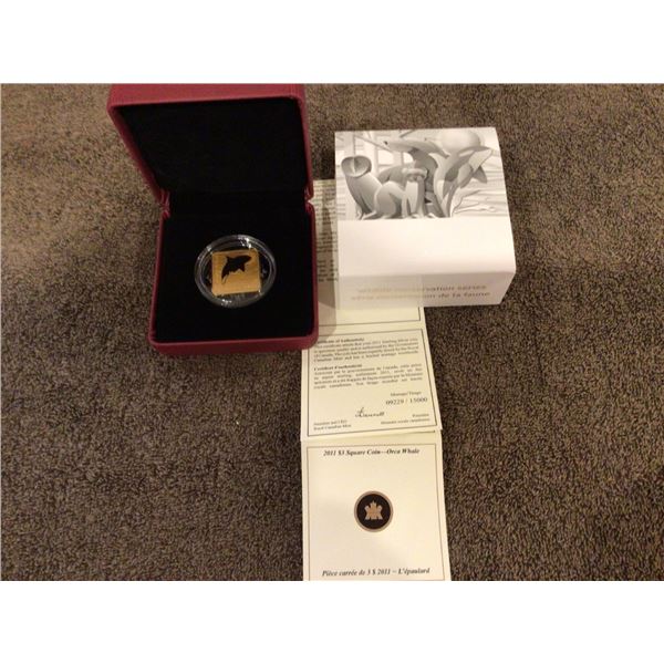 2011 $3 square sterling silver, gold plated coin, Orca Whale