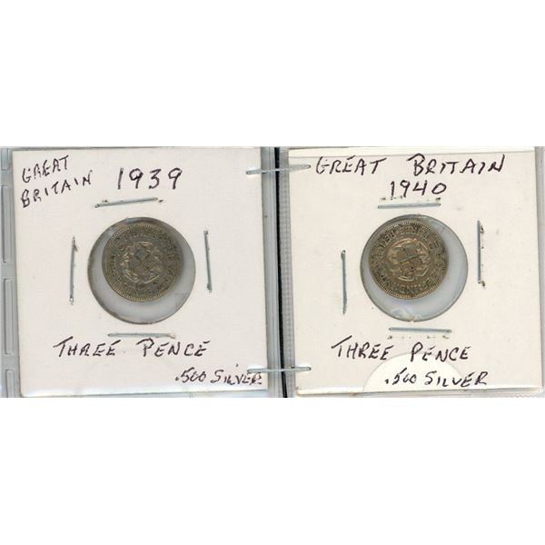 1939 & 1940 Greta Britain three pence .500 silver