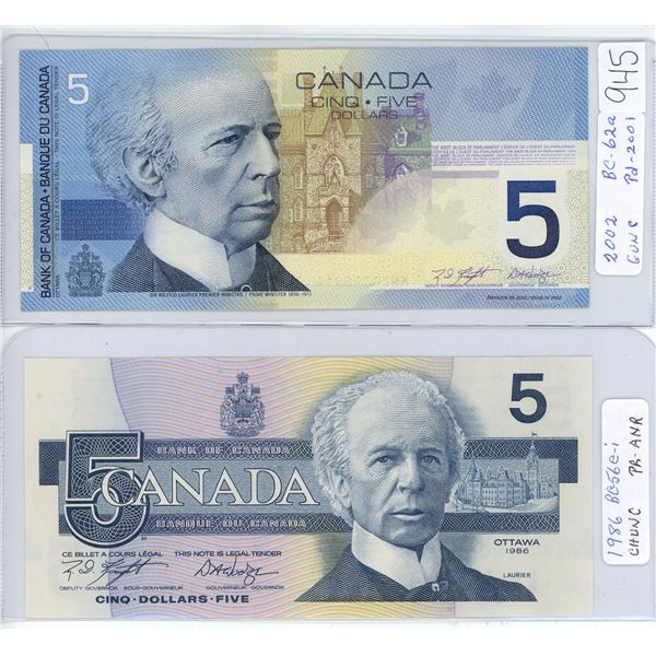 2002 Five dollar bill printed in 2001, 1986 five dollar bill - Both CH UNC