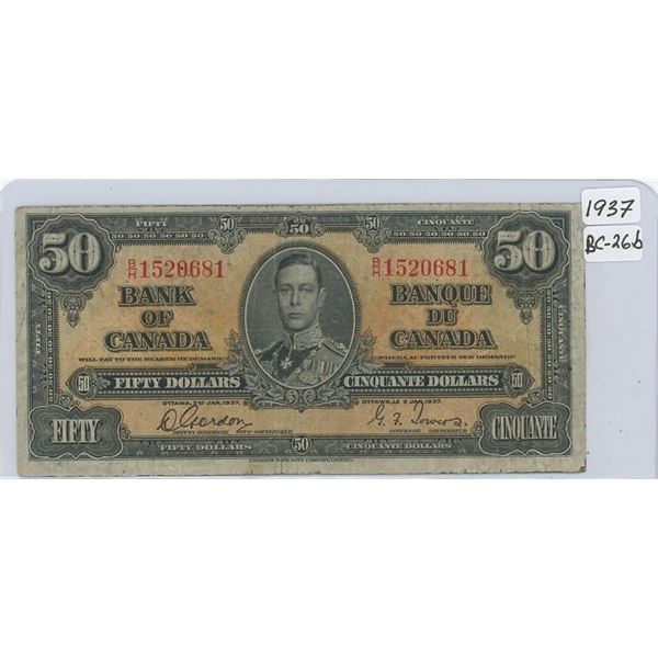 1937 Canadian Fifty Dollar Bank Note - Signed Gordon-Towers Prefix # B/H 1520681