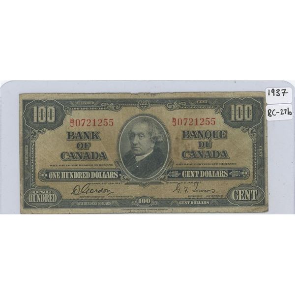1937 Canadian One Hundred Dollar Bank Note Gordon-Towers Prefix # B/J 0721255