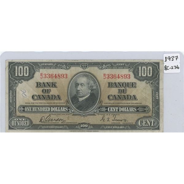 1937 Canadian One Hundred Dollar Bank Note Gordon-Towers Prefix # B/J 3364893